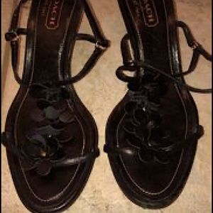 COACH Black t-strip front FLOWERS leather heels